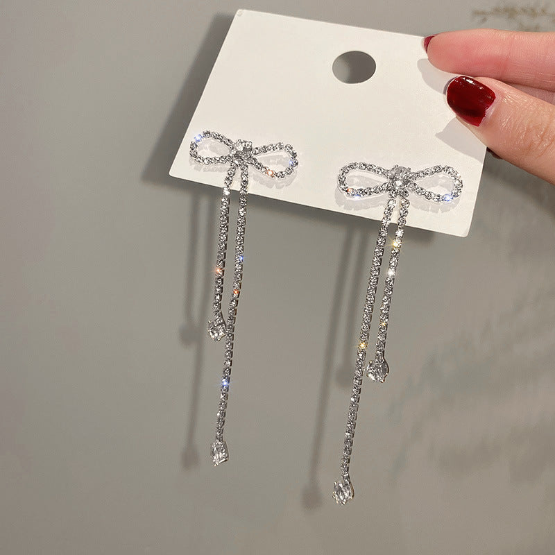 Rhinestone Crystal Bowknot Long Earrings fashionnsio