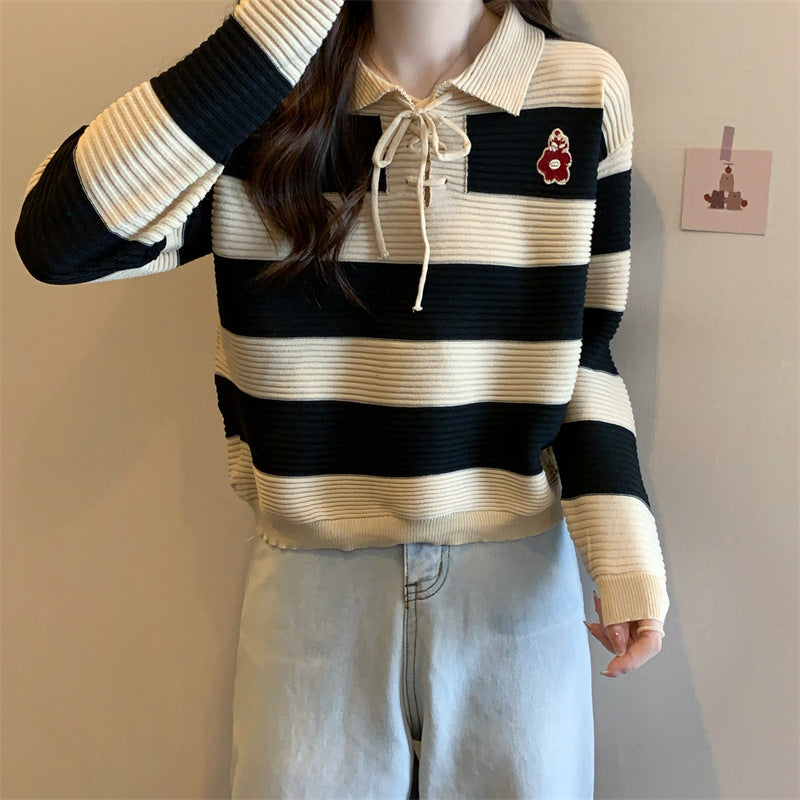 Striped Knitted Lace-up Sweater Top