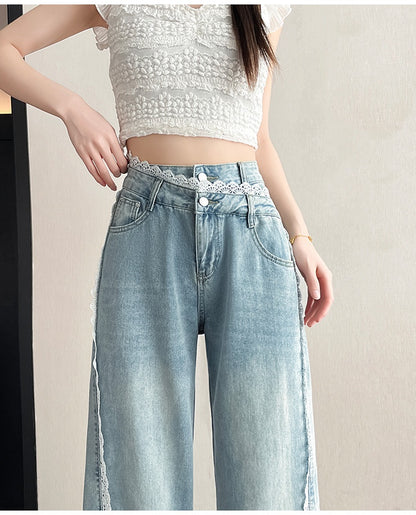 Wide Leg Trim Lace Jeans - Fashionnsio