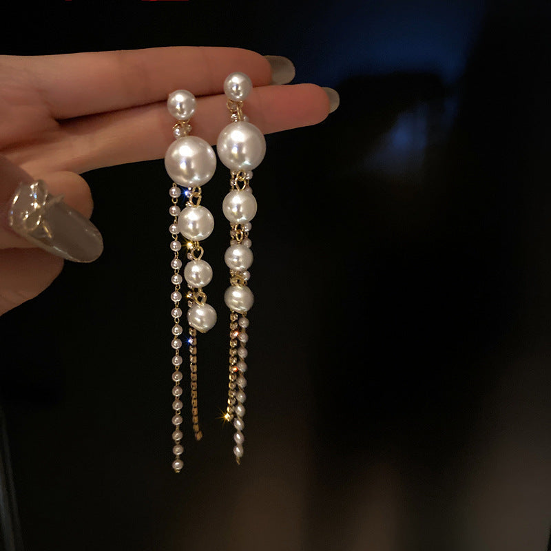 Pearl Tassel Long Diamond Earrings fashionnsio