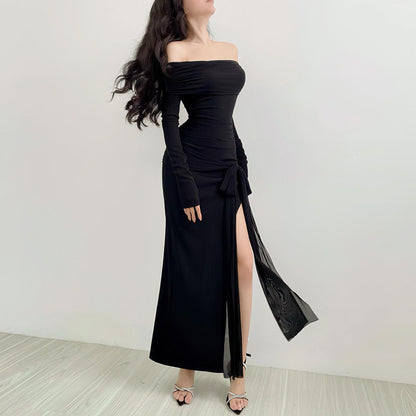 Off Shoulder Knot Slit Bodycon Dress