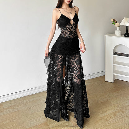 Lace Slit Long Black Dress - Fashionnsio