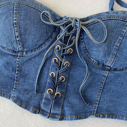 Denim Bow Drawstring Corset Top