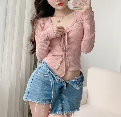 Knitted Bow Lace-up Long Sleeve Top fashionnsio