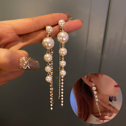 Pearl Tassel Long Diamond Earrings fashionnsio