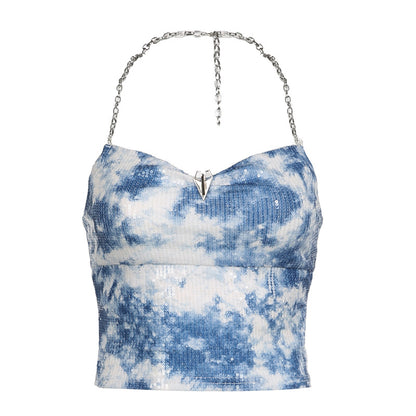 Tie-dye Sequin Halter Chain Top