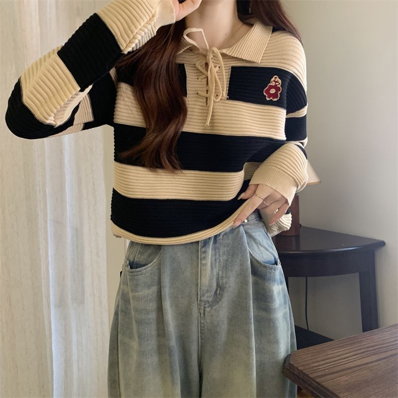 Striped Knitted Lace-up Sweater Top