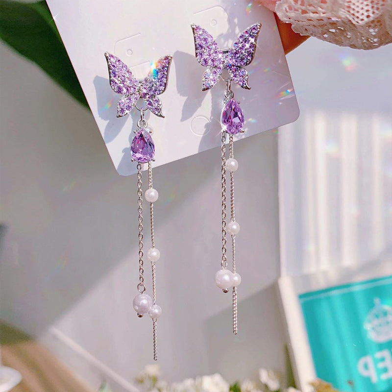 Butterfly Crystal Pearl Earrings fashionnsio