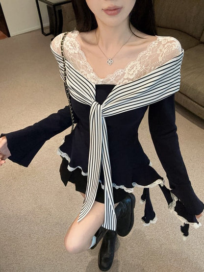 Lace Striped Ribbed Bow Top