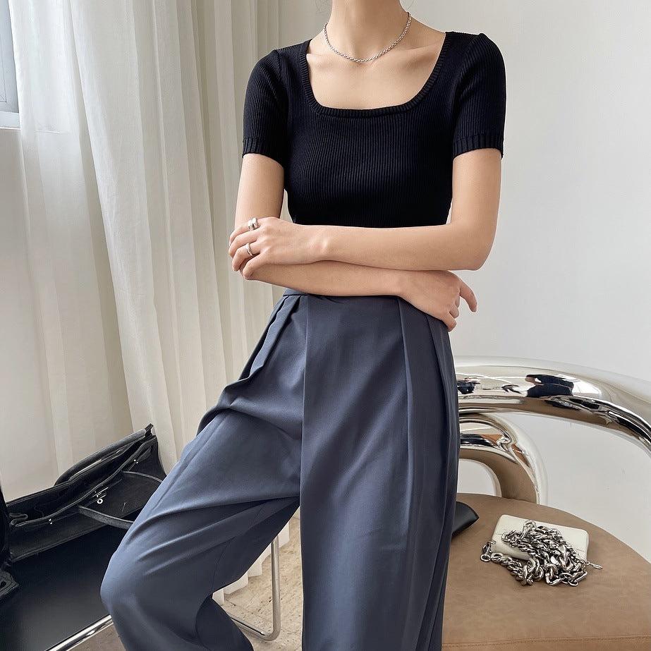 Square Neck Cropped Knit Top fashionnsio