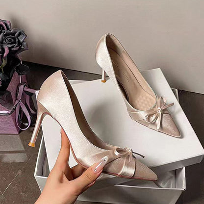 Satin Bow Pointed Heels - Fashionnsio