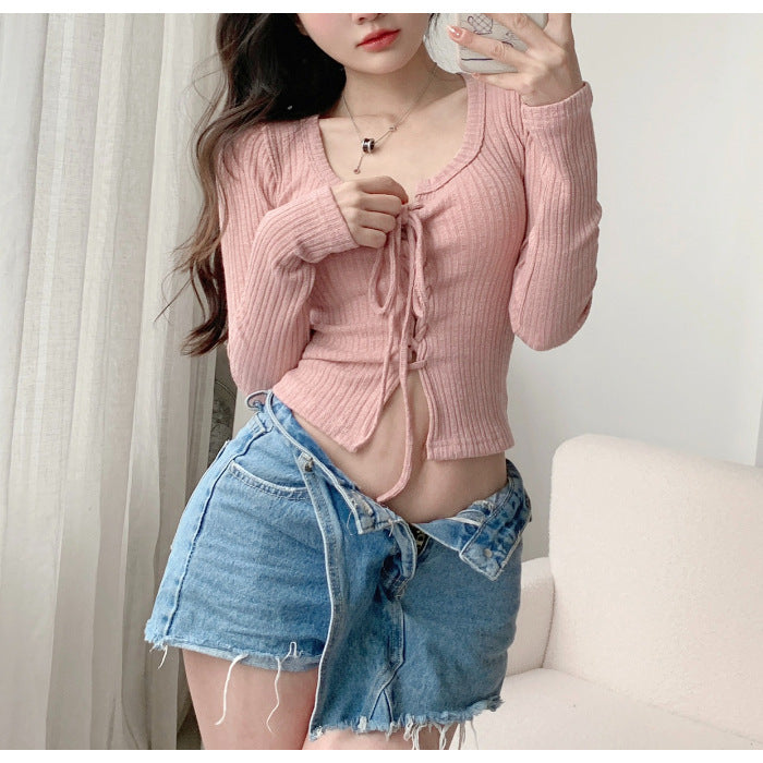 Knitted Bow Lace-up Long Sleeve Top fashionnsio