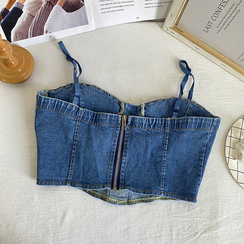 Denim Bow Drawstring Corset Top