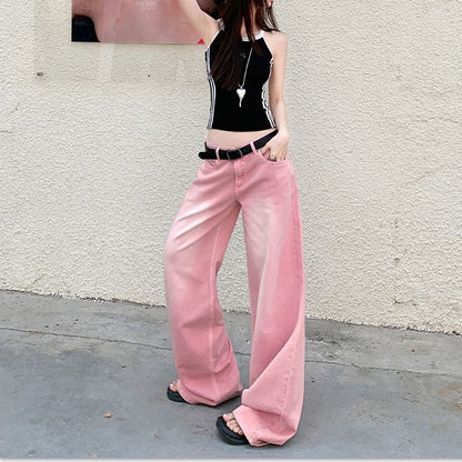 Pink Y2K Wide Leg Jeans - Fashionnsio