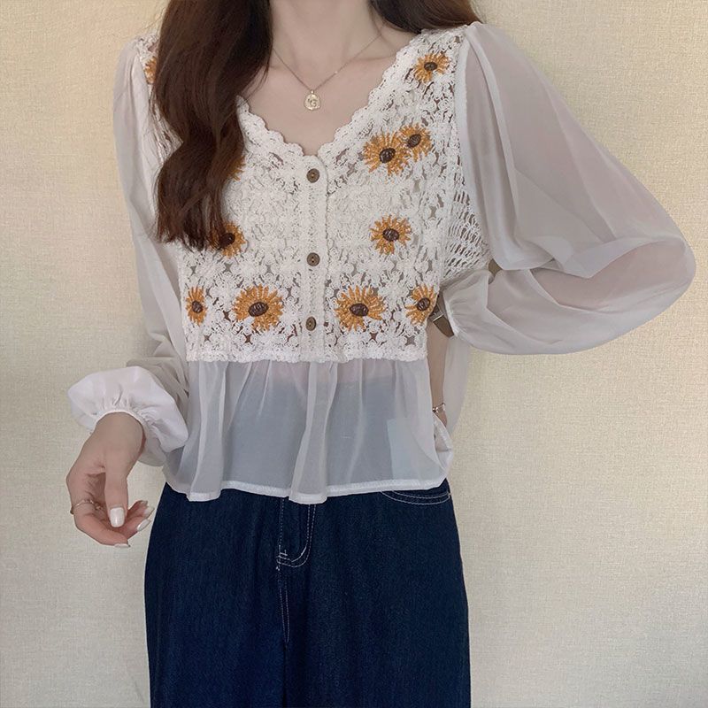 Flower Embroidery Puff Sleeve Blouse Top