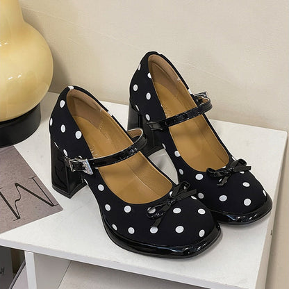Polka Dot Bow Block Heels - Fashionnsio