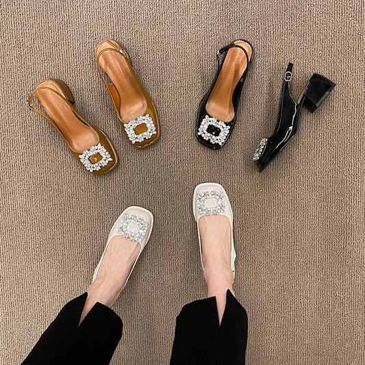 Rhinestone Buckle Chunky Heels