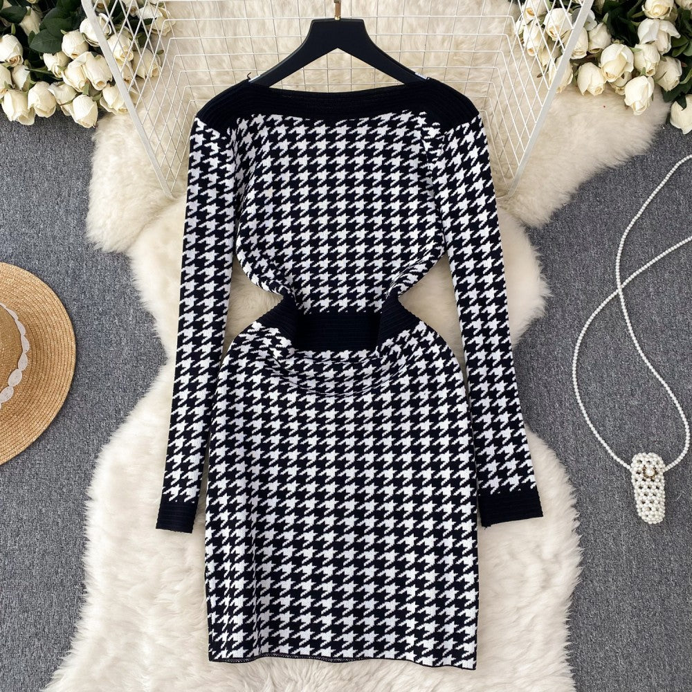 Korean Plaid Bodycon Knitted Dress