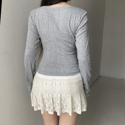 Square Collar Long-sleeve Bow Top