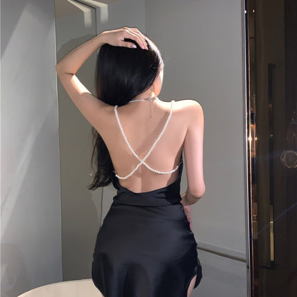 Black Backless Pearl Dress