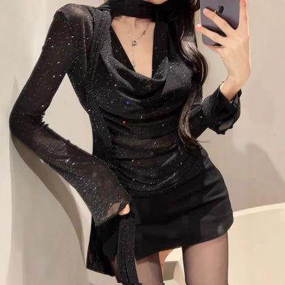 Sparkle Pleated Scarf Top - Fashionnsio