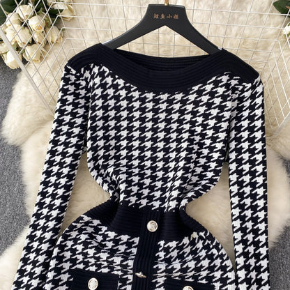 Korean Plaid Bodycon Knitted Dress