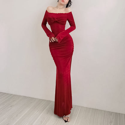 Bow Off Shoulder Long Bodycon Dress