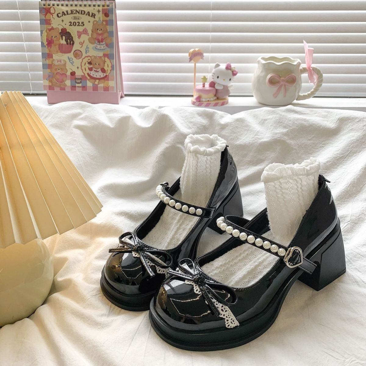Pearl Strap Bow Chunky Heels - Fashionnsio