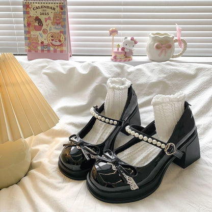 Pearl Strap Bow Chunky Heels - Fashionnsio