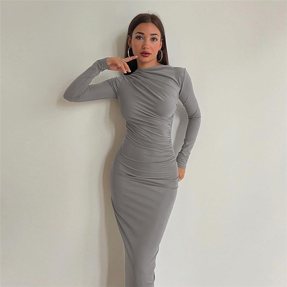 Slim Fit Bodycon Long Pleated Dress