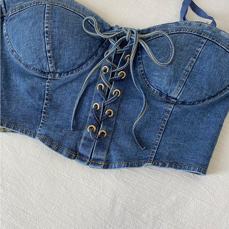 Denim Bow Drawstring Corset Top