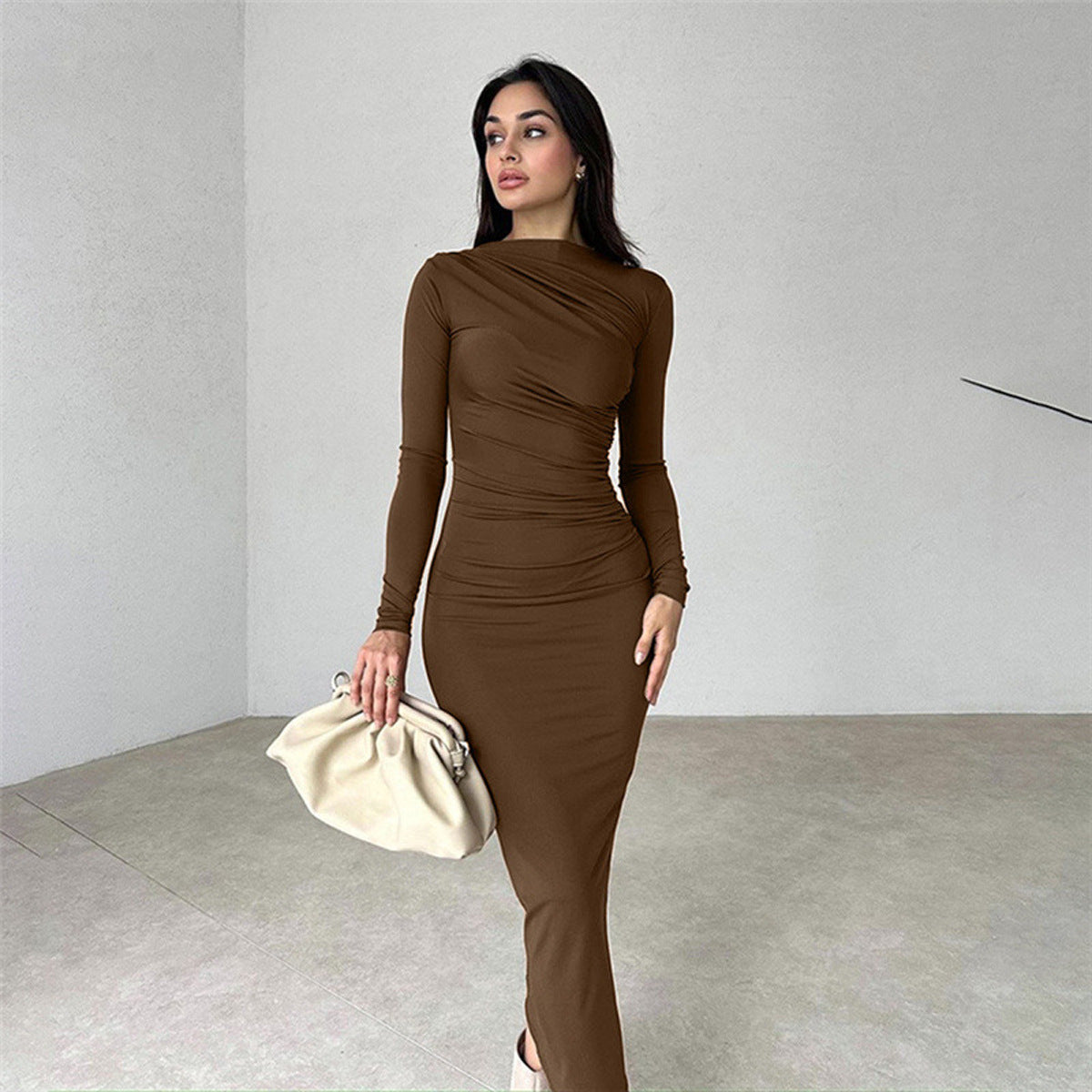 Slim Fit Bodycon Long Pleated Dress