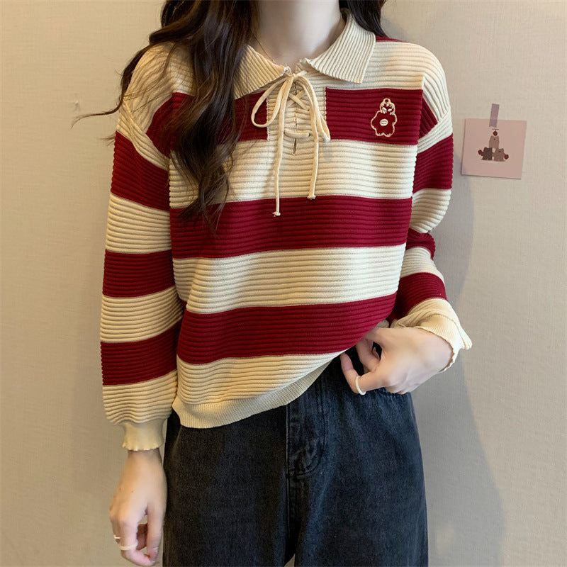 Striped Knitted Lace-up Sweater Top