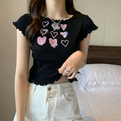 Heart Ruffle Knitted T-shirt Top