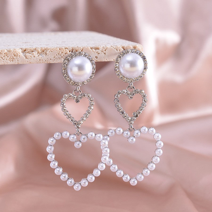 Double Heart Diamond Pearl Earrings fashionnsio