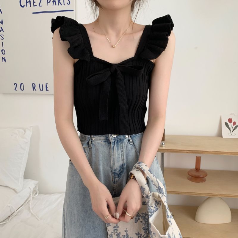 Ruffle Lace Up Knitted Top