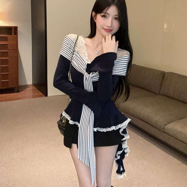 Lace Striped Ribbed Bow Top