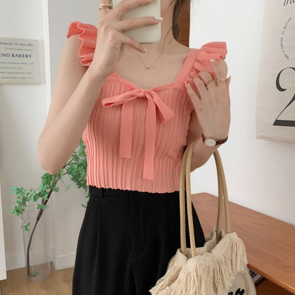 Ruffle Lace Up Knitted Top