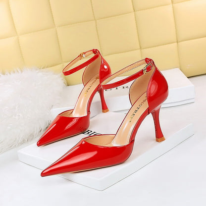 Glossy Ankle Strap Pointed Pencil Heel