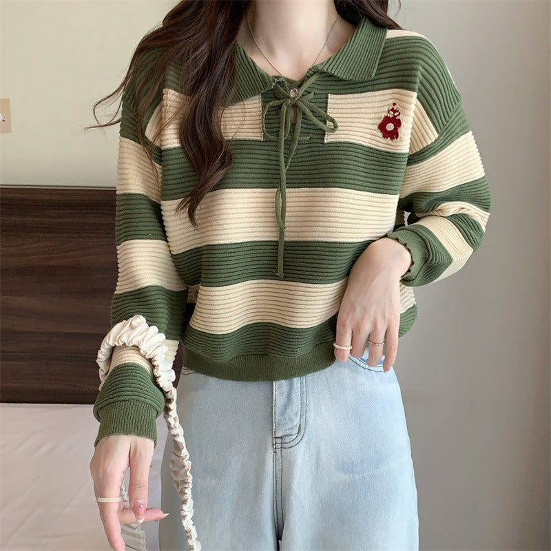 Striped Knitted Lace-up Sweater Top