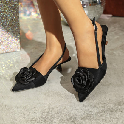 3D Flower Pointed Buckle Kitten Heels