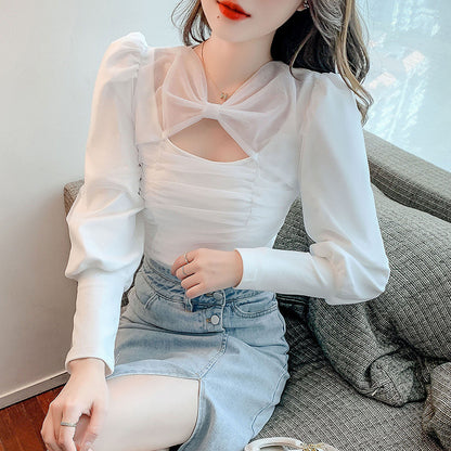 Puff Sleeve Bow Mesh Pleated Top fashionnsio