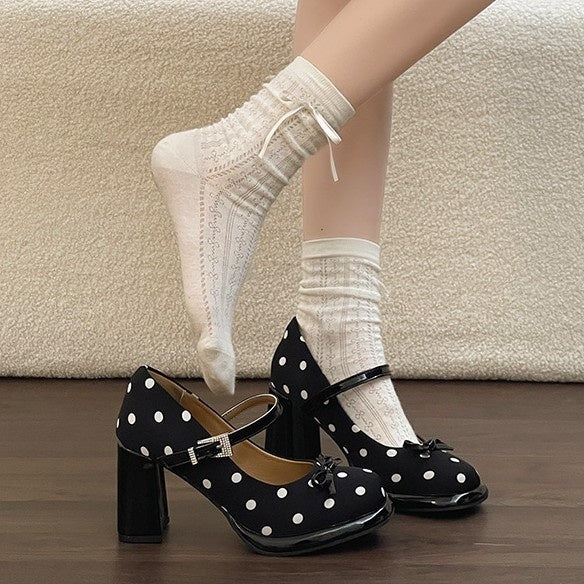 Polka Dot Bow Block Heels - Fashionnsio