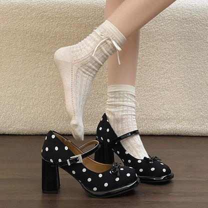 Polka Dot Bow Block Heels - Fashionnsio