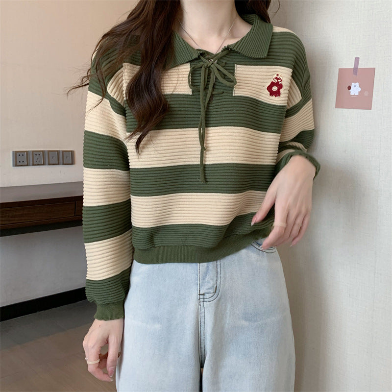 Striped Knitted Lace-up Sweater Top