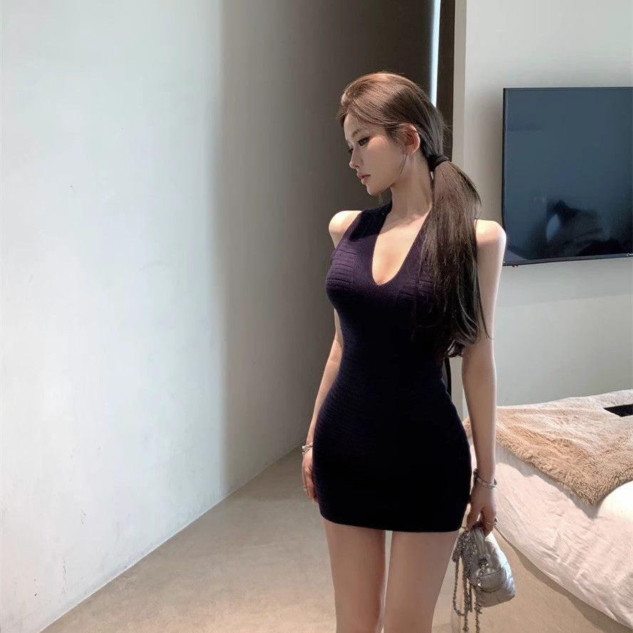 V-neck Knitted Mini Dress - Fashionnsio