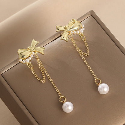 Bow Chain Pearl Tassel Earrings fashionnsio