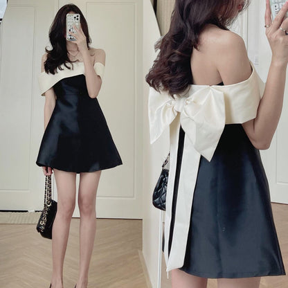 Off Shoulder Bow Mini Dress fashionnsio