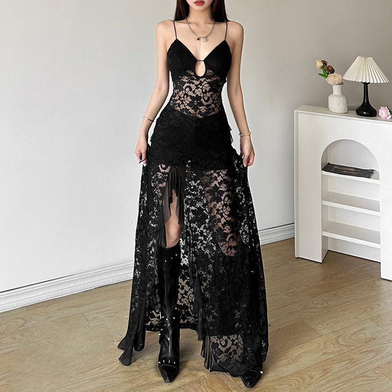 Lace Slit Long Black Dress - Fashionnsio