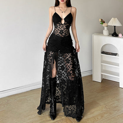 Lace Slit Long Black Dress - Fashionnsio